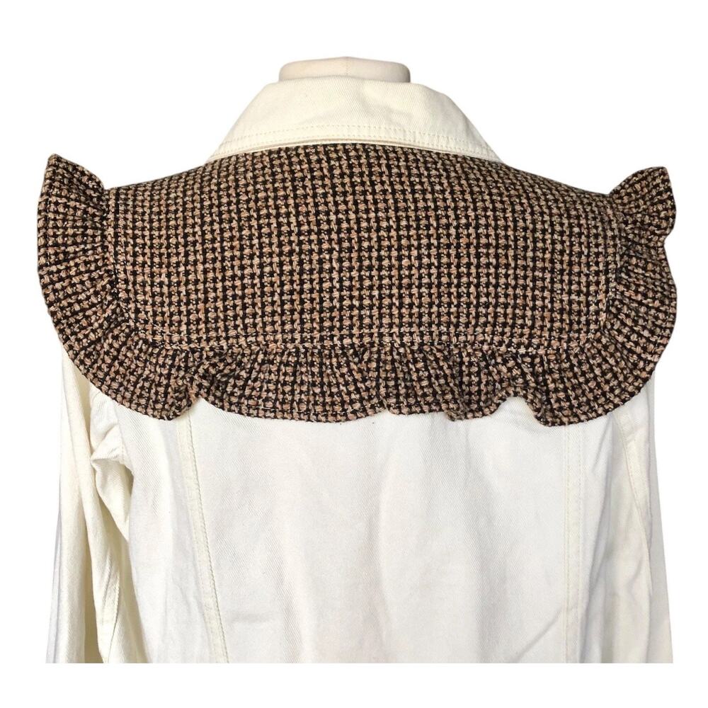 POL White Denim Jacket Ruffle Tweed Collar Frayed Hem Button Front Boutique SM - Picture 6 of 9